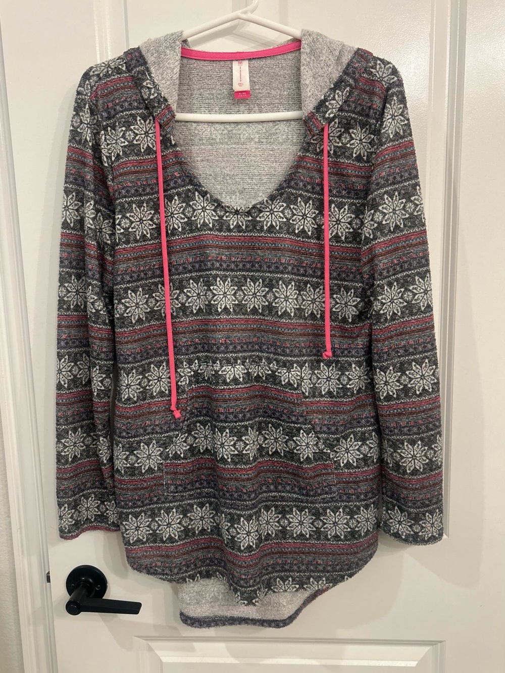 No Boundaries Gray Fair Isle Hooded Pullover with Pink Drawcords